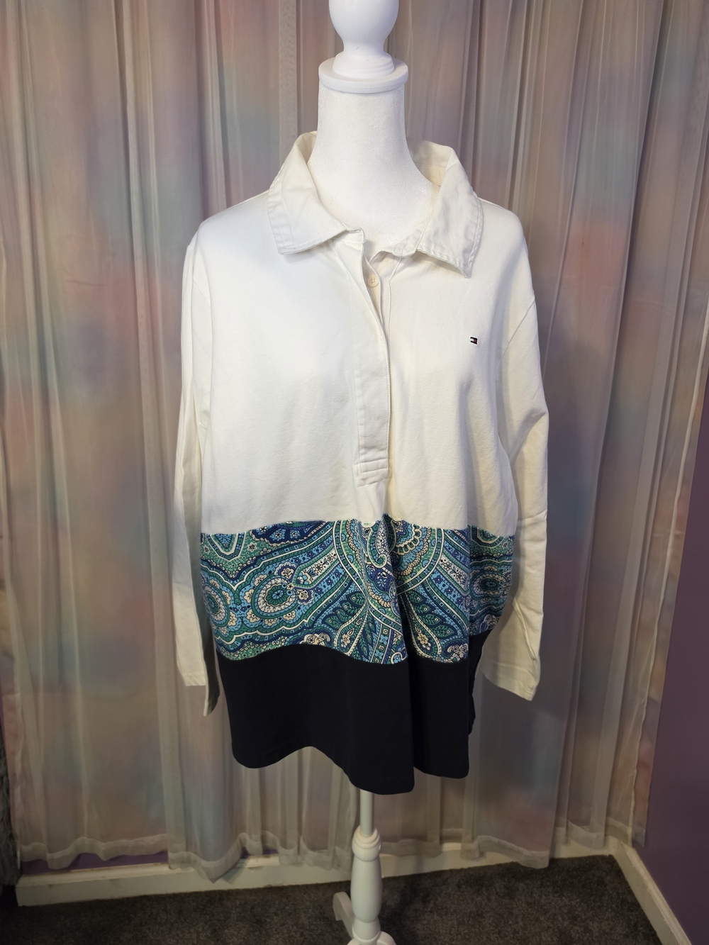Mens Tommy Hilfiger White, Navy Teal Paisley Colorblock Long Sleeve Top Size 2XL